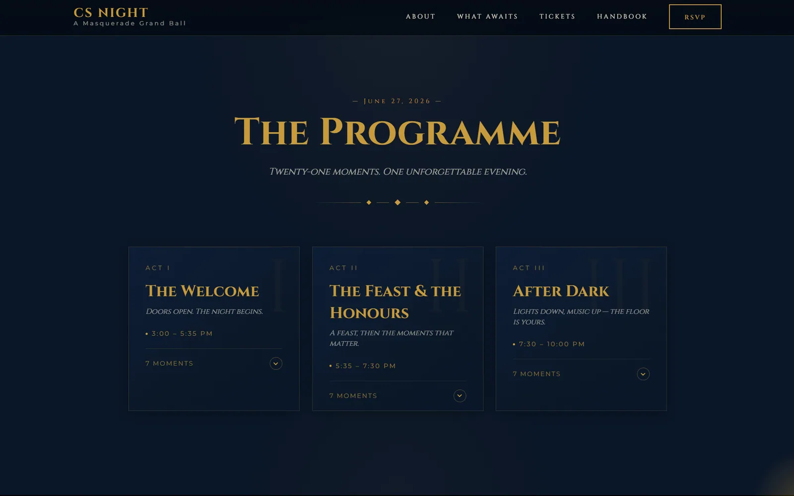 The CS Night programme, split into three acts across the evening: The Welcome, The Feast and the Honours, and After Dark, each with its hours and seven moments.