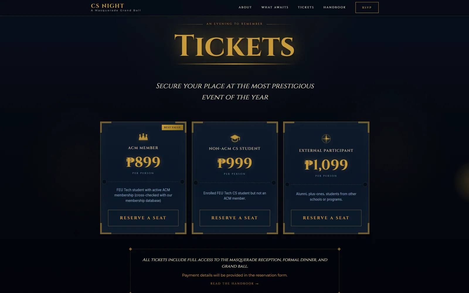 CS Night's three ticket tiers, priced for ACM members, non-ACM CS students and external participants, each on a gold-cornered card with its own reservation button.