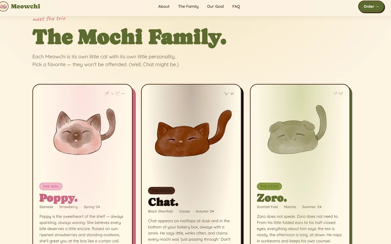 The Mochi Family section, introducing the three characters on their own cards: Poppy the idol, Chat the rogue and Zoro the stoic, each with a breed, a flavour and a season.