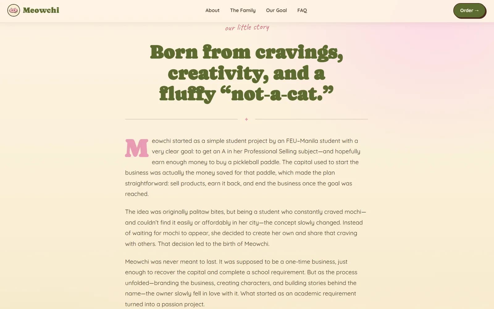 Meowchi's origin story, opening on the line "Born from cravings, creativity, and a fluffy not-a-cat" above a drop-capped first paragraph.