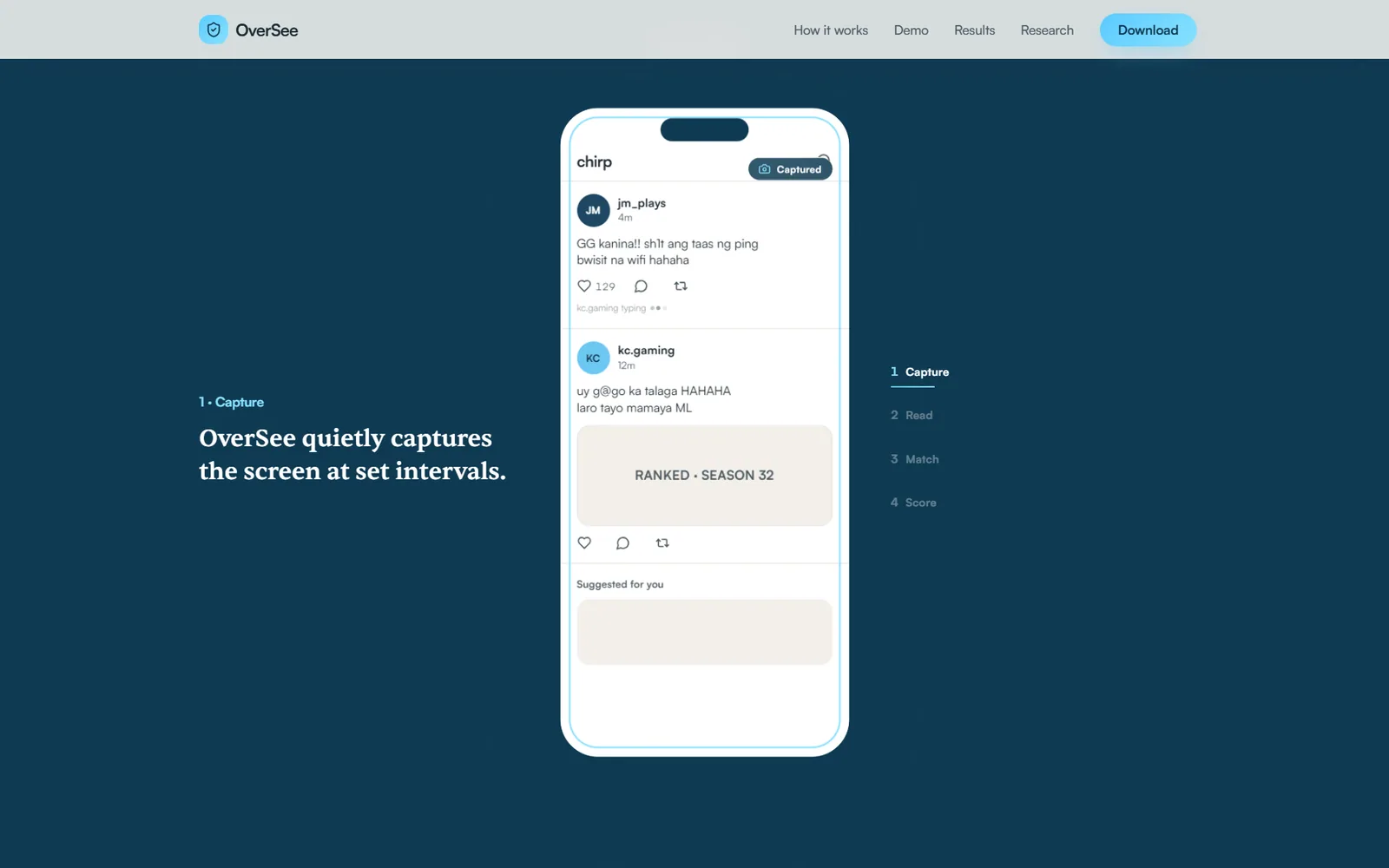 Step one of OverSee's pipeline, capture, explained beside a mocked social feed the app has just screenshotted, with read, match and score still to come.