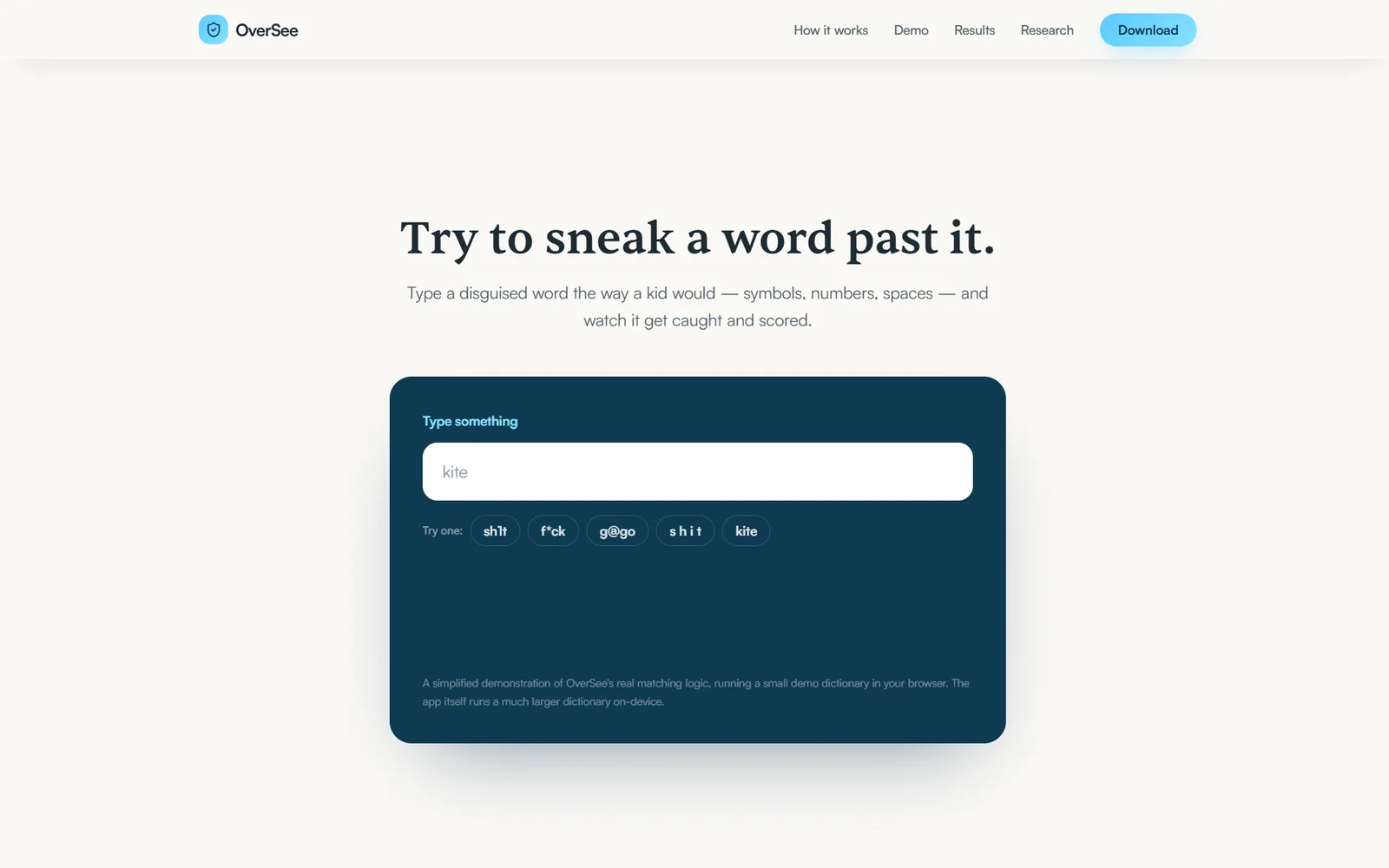 OverSee's in-page demo, inviting a visitor to type a disguised word and watch the real matching logic catch and score it.