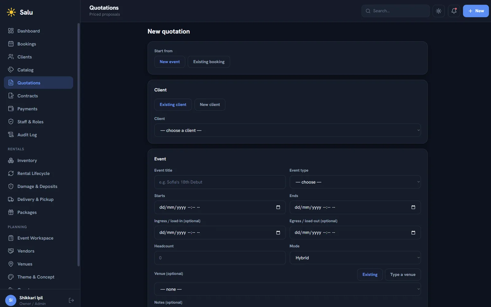 Salu's new-quotation builder, starting from an existing client and stepping through event title, type, schedule, headcount and venue.