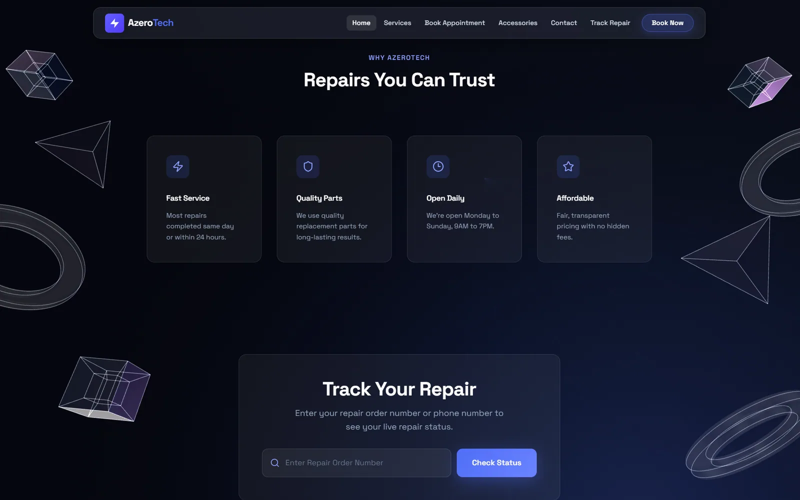 Azerotech's Track Your Repair panel, where a customer types a repair order number to see live status.