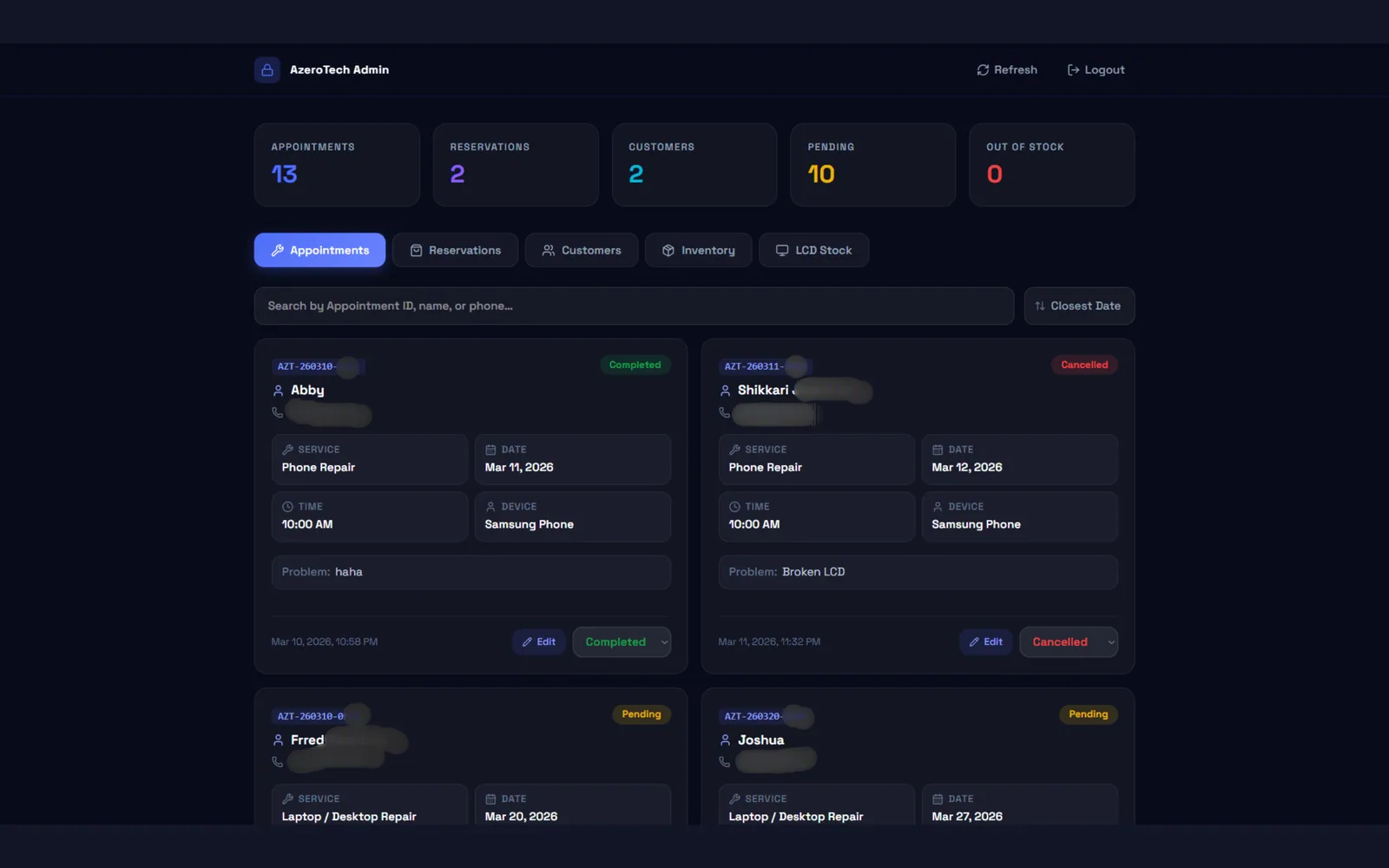 The staff-only Azerotech admin panel, listing booked appointments with service, date, device and reported problem, with counts for reservations, customers and stock along the top.