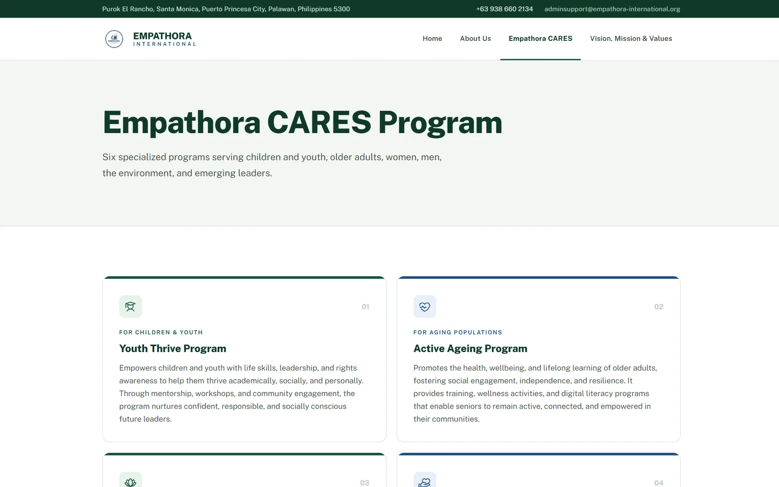 The Empathora CARES programme page, opening on numbered cards for the Youth Thrive and Active Ageing programmes.