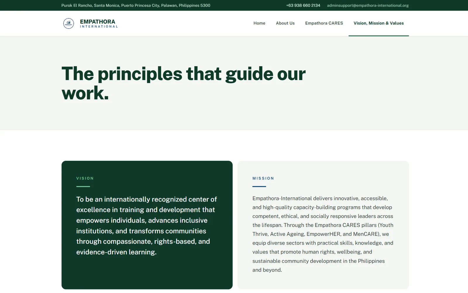 Empathora's vision and mission page, the two statements set side by side under the heading "The principles that guide our work".
